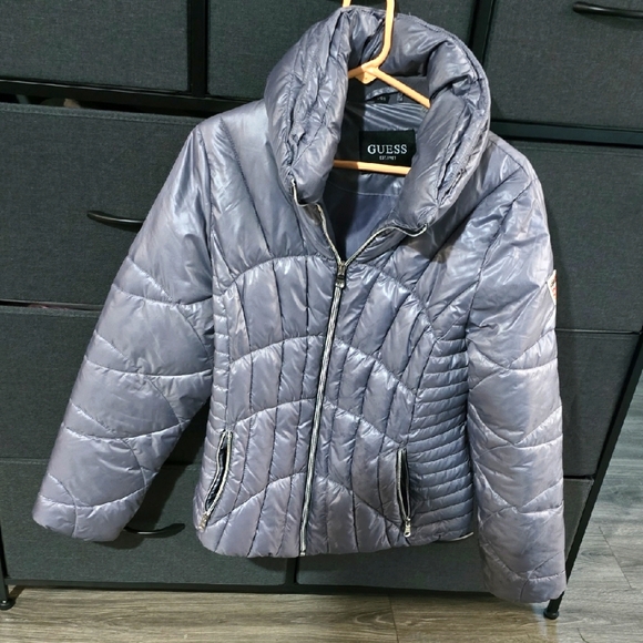GUESS Women's Metallic Gray Puffer Jacket - Picture 1 of 12